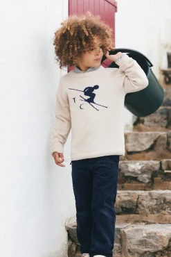Tartine et Chocolat Pull beige chiné illustration ski|Enfant Pulls - Gilets - Sweats