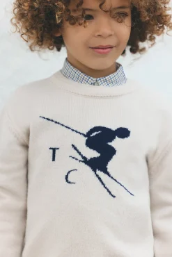 Tartine et Chocolat Pull beige chiné illustration ski|Enfant Pulls - Gilets - Sweats
