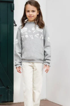 Tartine et Chocolat Sweat Gris chiné illustration fleurs|Enfant Cardigans - Pulls - Sweats