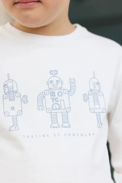 Tartine et Chocolat T-shirt Bleu grisé illustration trois robots|Enfant T-Shirts - Polos